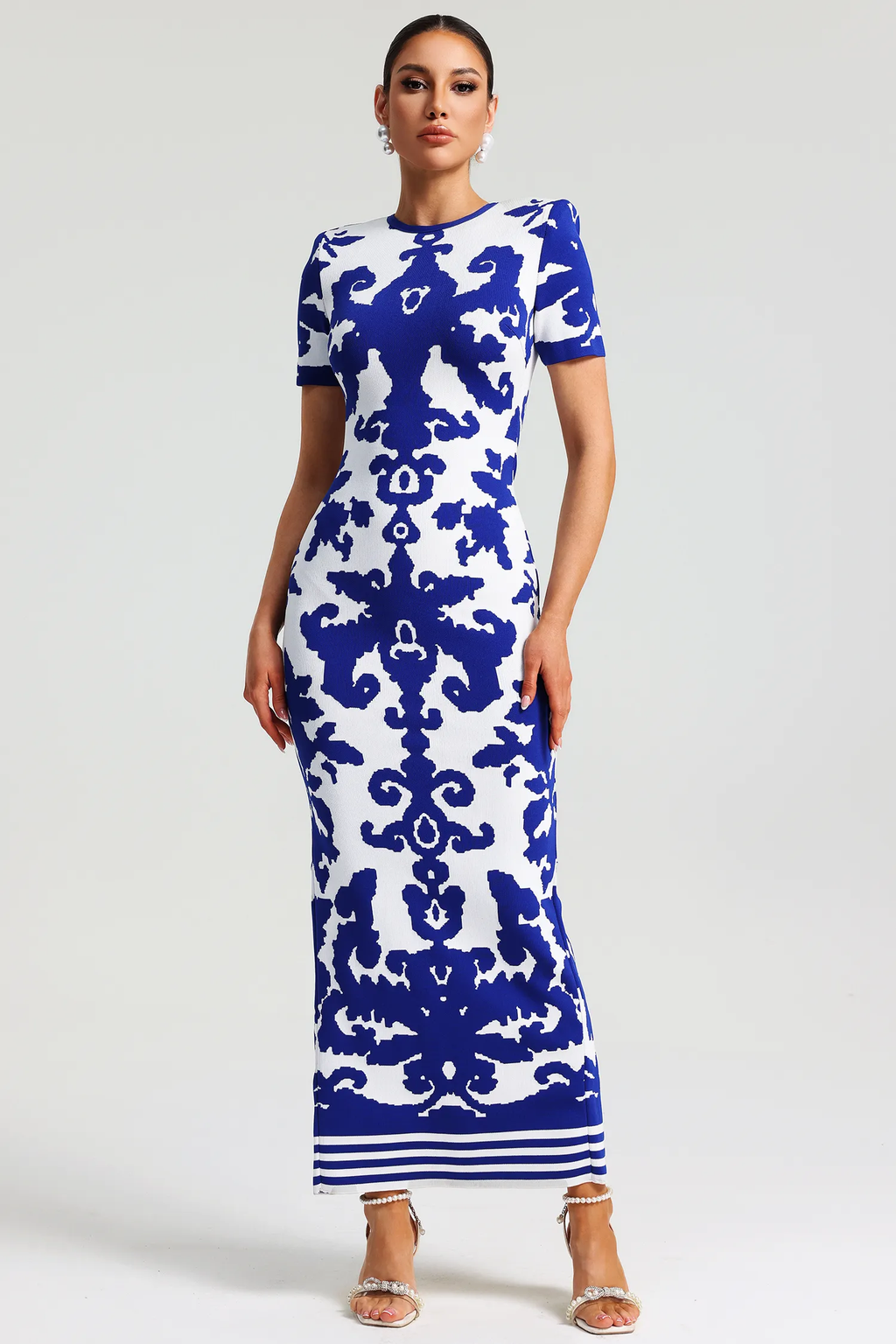 Blue and White Porcelain Jacquard Bandage Dress
