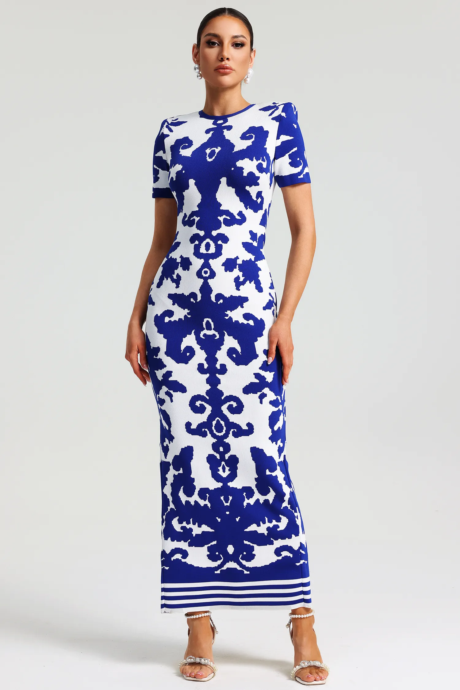 Blue and White Porcelain Jacquard Bandage Dress