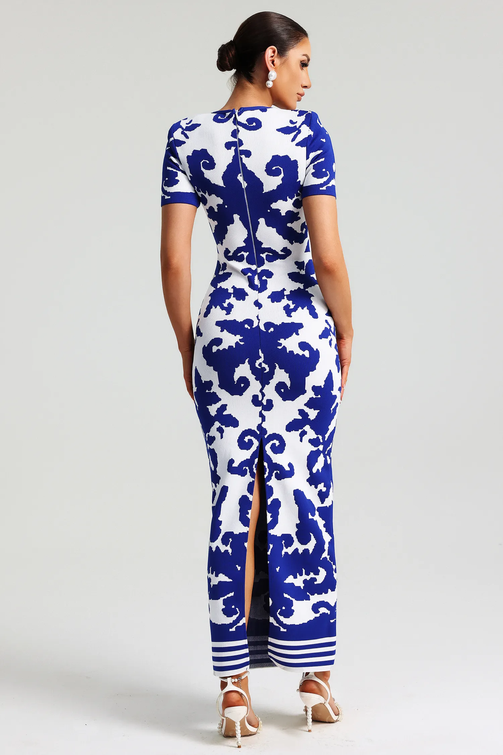 Blue and White Porcelain Jacquard Bandage Dress