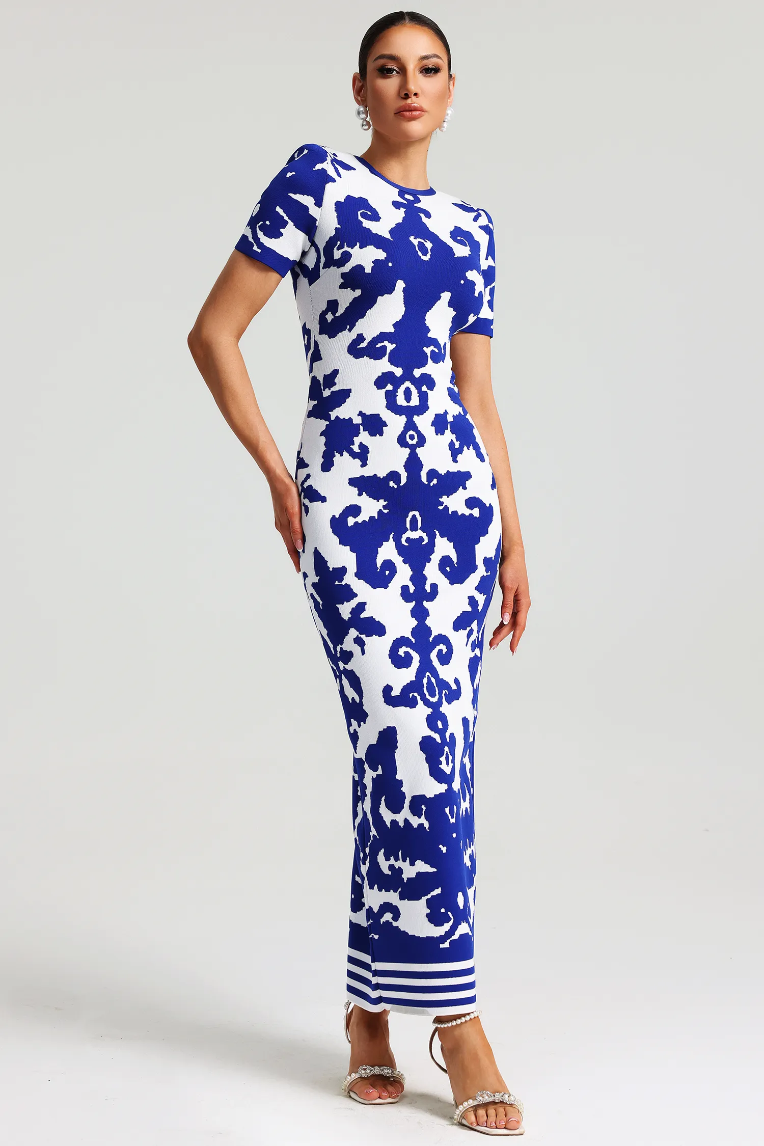 Blue and White Porcelain Jacquard Bandage Dress