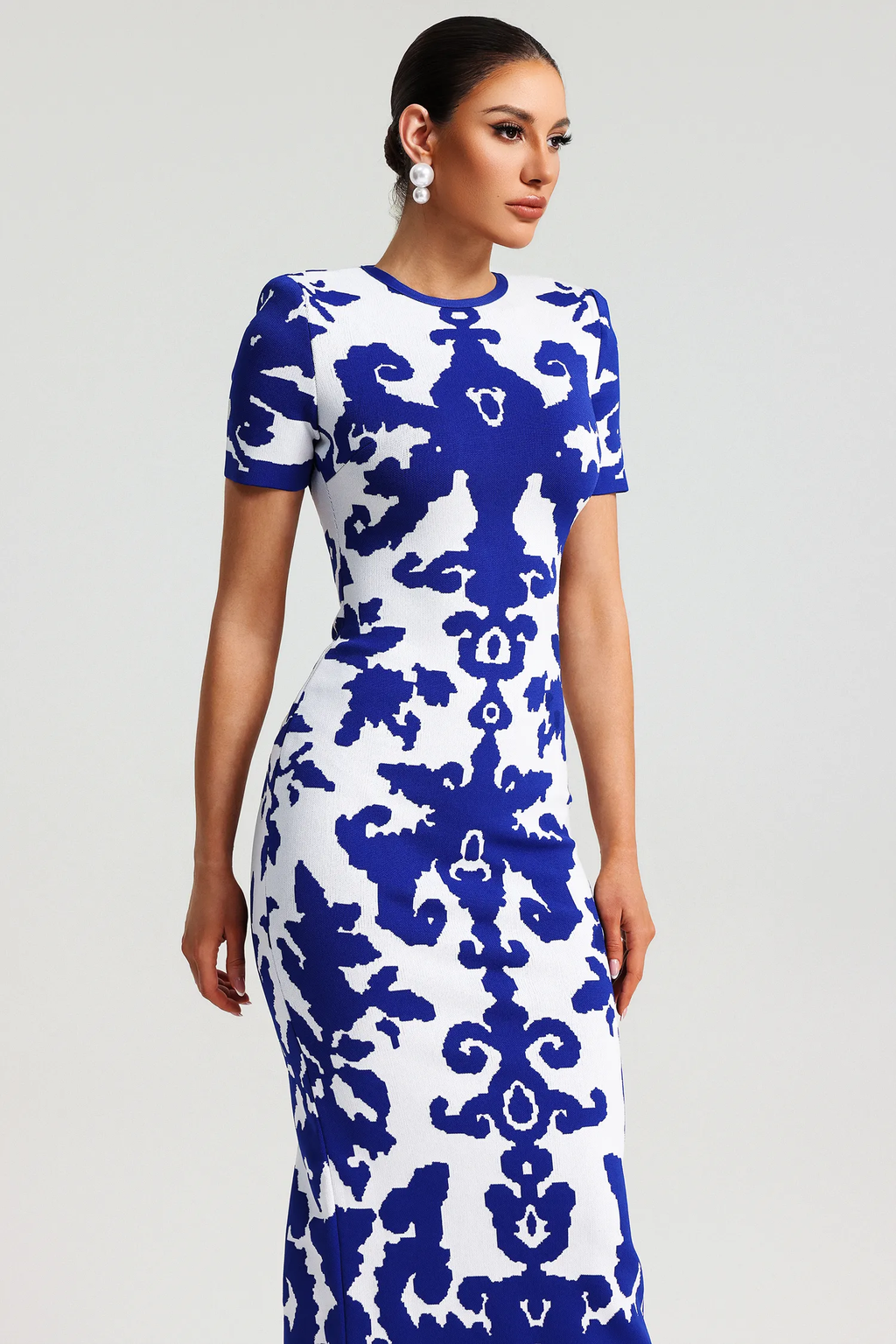 Blue and White Porcelain Jacquard Bandage Dress