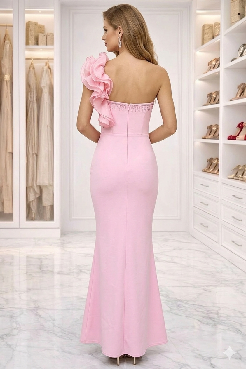 Crystal Embellished One Shoulder Mermaid Bandage Gown - Romantic Pink Evening Dress