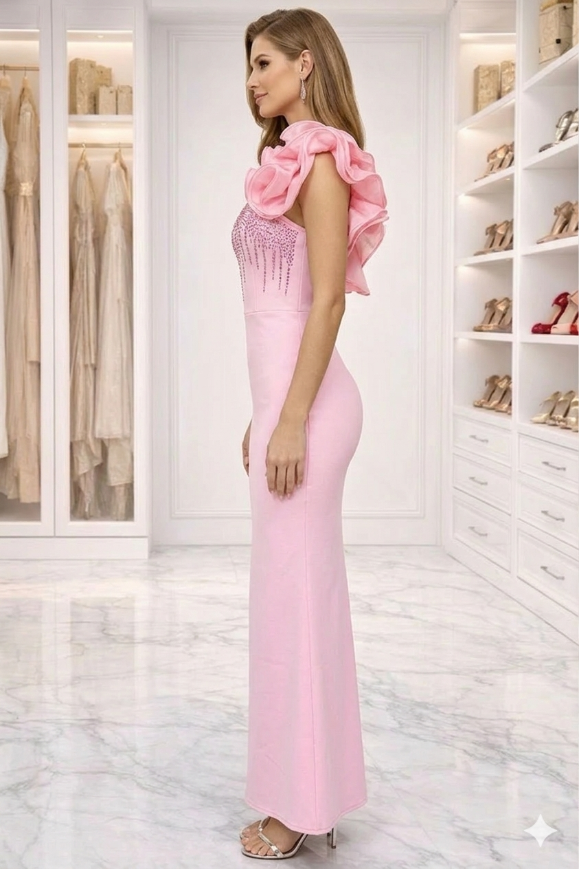 Crystal Embellished One Shoulder Mermaid Bandage Gown - Romantic Pink Evening Dress
