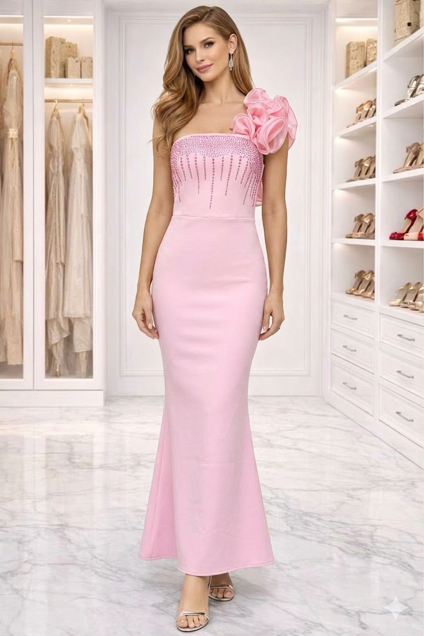Crystal Embellished One Shoulder Mermaid Bandage Gown - Romantic Pink Evening Dress