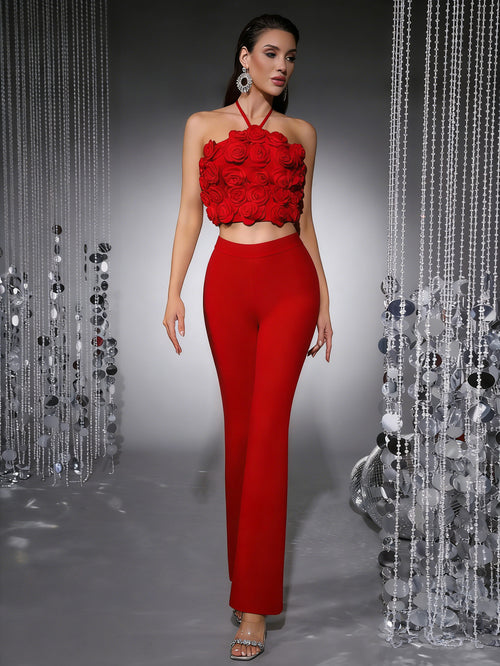 3D Rose Embroidery Halter Crop Top & Flare Pants Two-Piece Set
